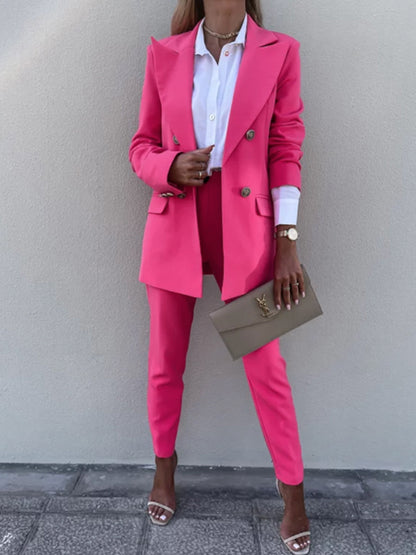 Lapel Collar Long Sleeve Blazer and Pants Set - Manor Rose