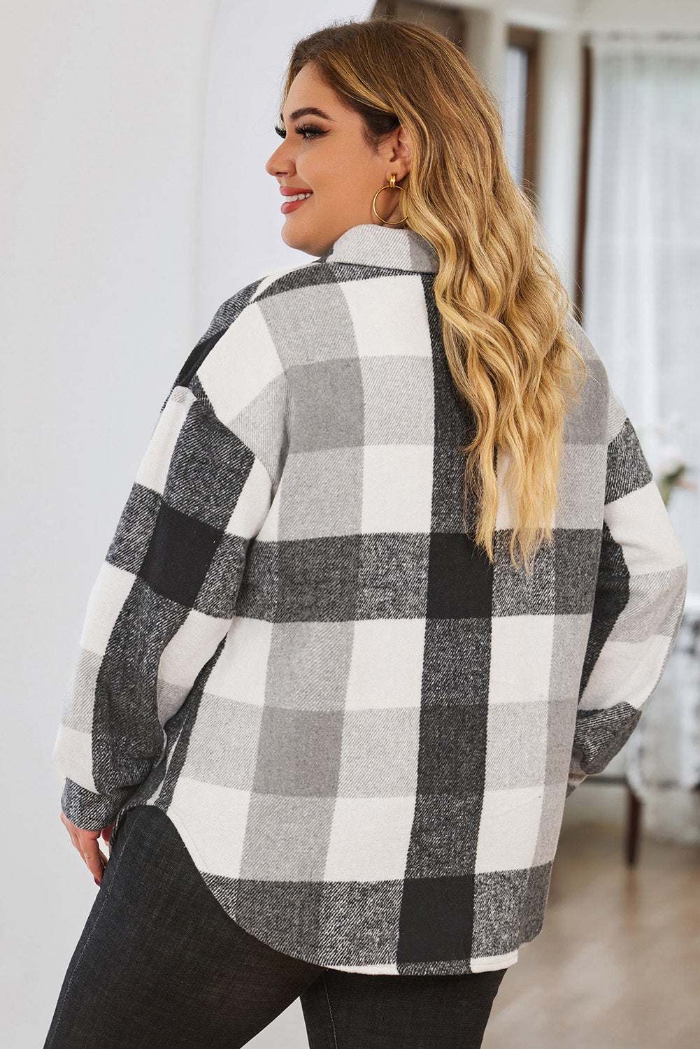 Plus Size Plaid Button Up Collared Neck Jacket - Manor Rose