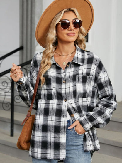 Plaid Collared Neck Long Sleeve Shirt - Manor Rose