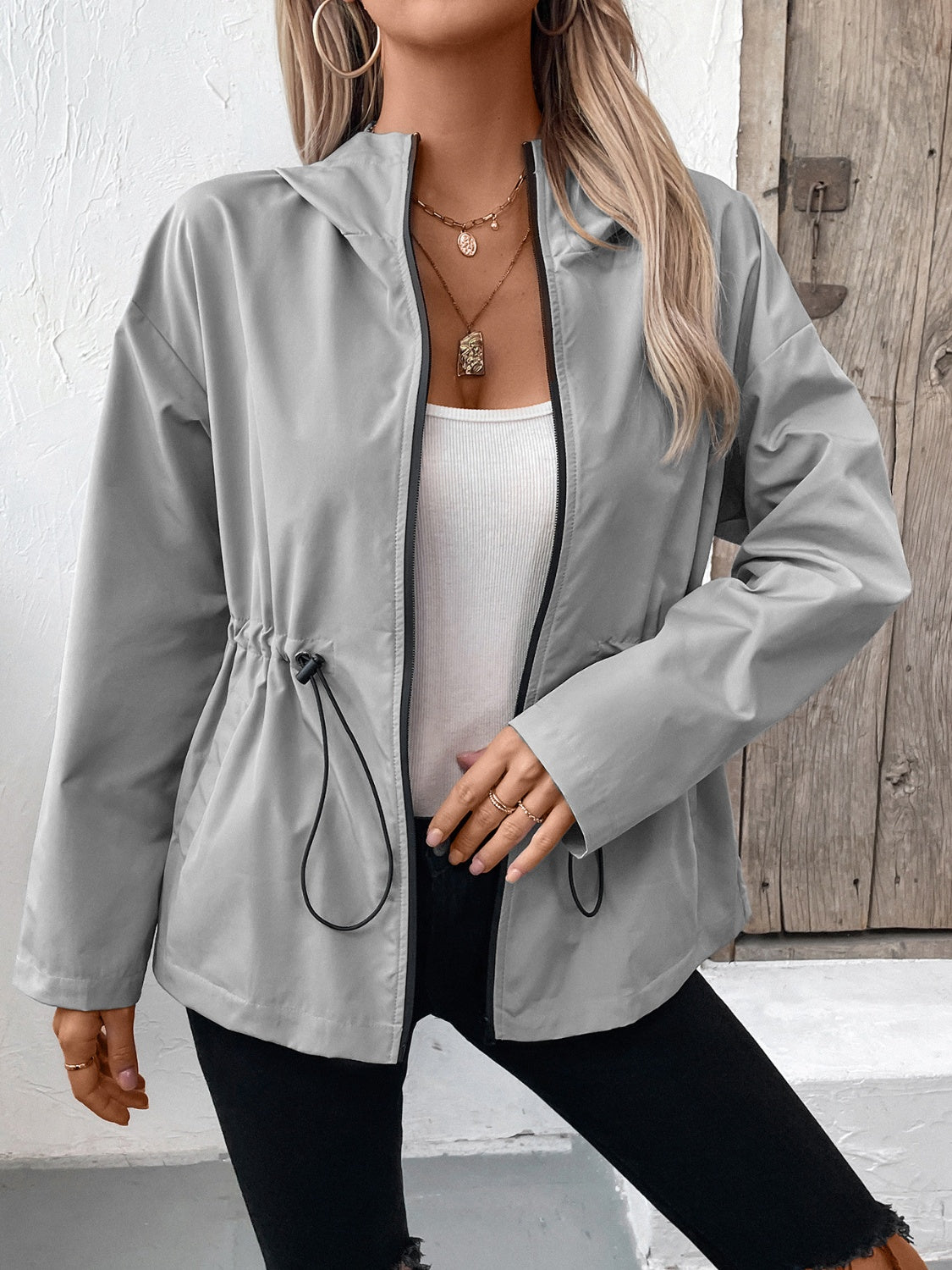 Ivy Lane Drawstring Zip Up Hooded Jacket - Manor Rose