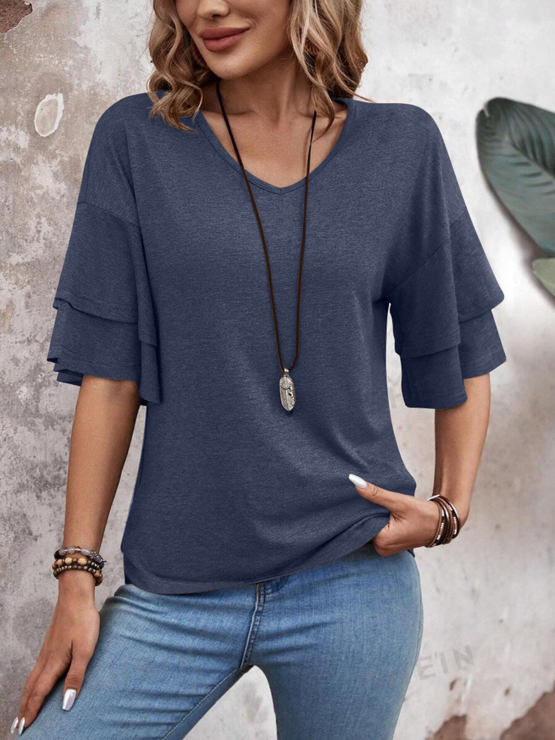 V-Neck Half Sleeve Blouse - Manor Rose