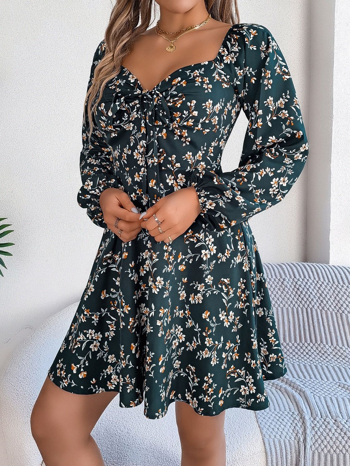 Printed Sweetheart Neck Balloon Sleeve Mini Dress - Manor Rose