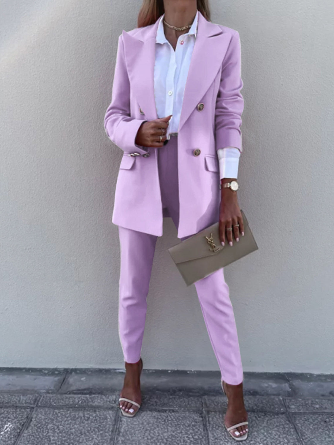 Lapel Collar Long Sleeve Blazer and Pants Set - Manor Rose