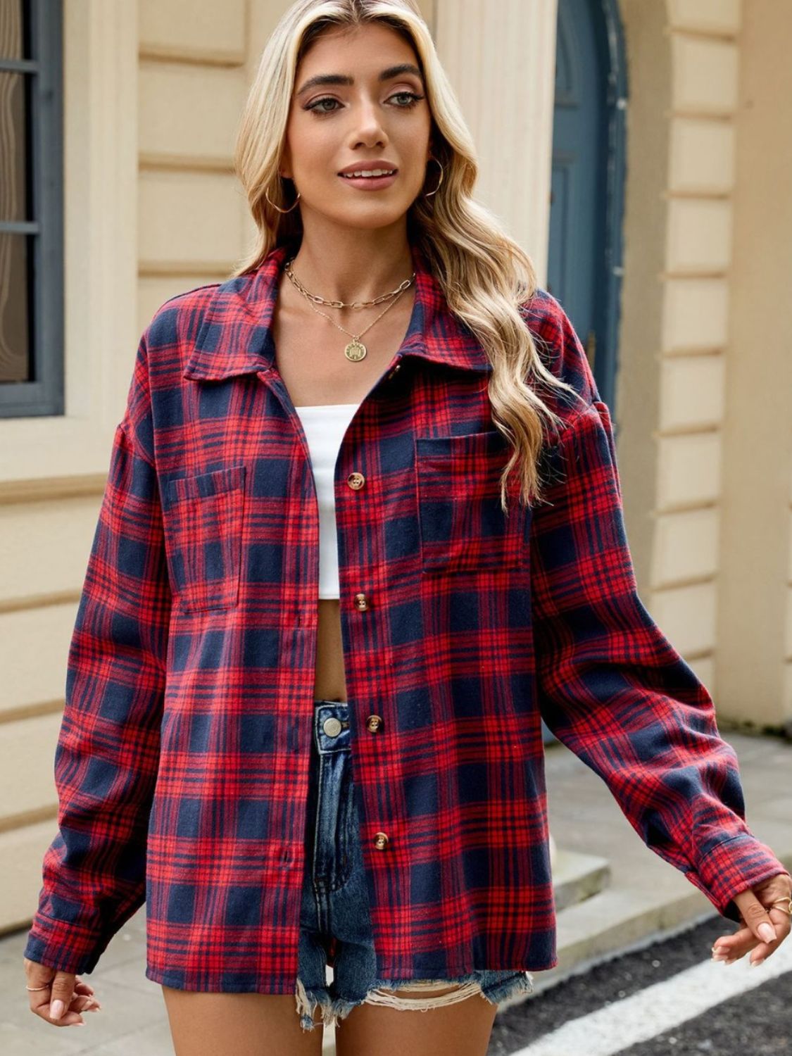 Plaid Collared Neck Long Sleeve Shirt - Manor Rose