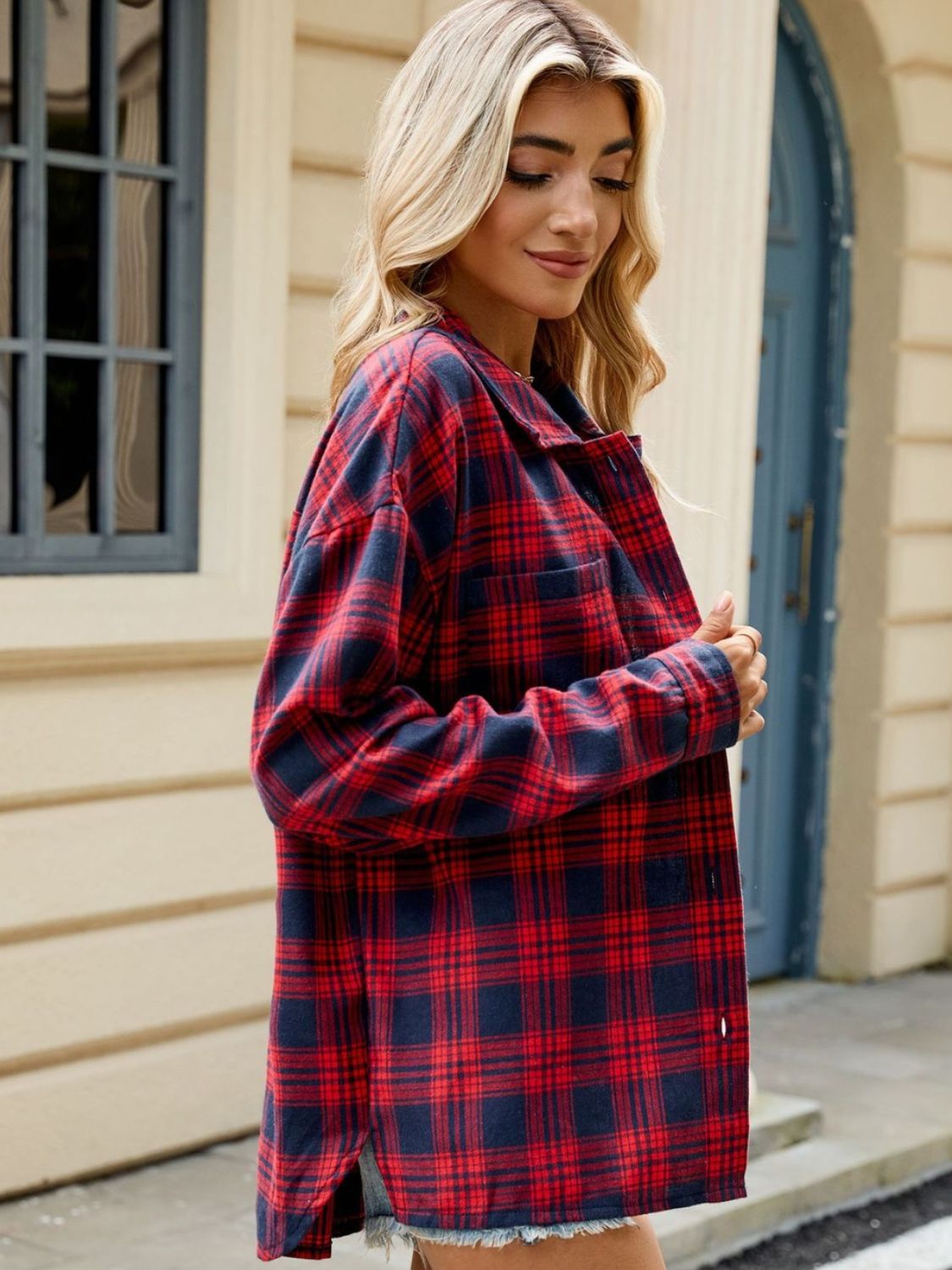 Plaid Collared Neck Long Sleeve Shirt - Manor Rose