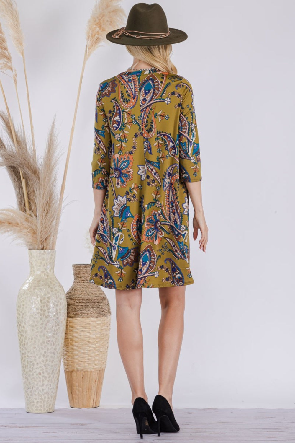 Celeste Full Size Paisley Print Round Neck Dress with Pockets - Manor Rose