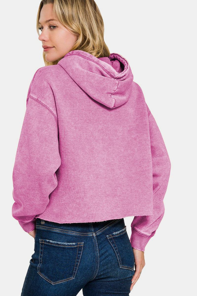 Zenana Acid Wash Fleece Cropped Hoodie - Manor Rose