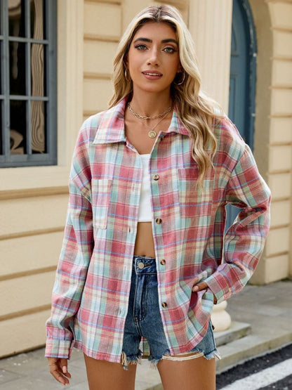 Plaid Collared Neck Long Sleeve Shirt - Manor Rose