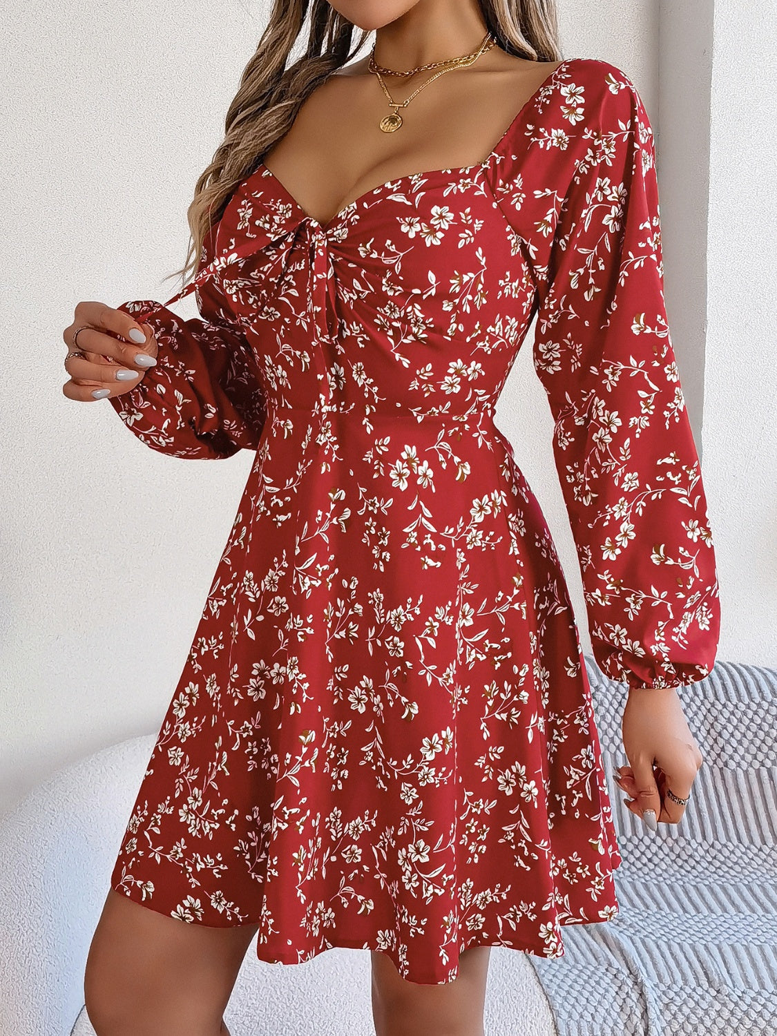 Printed Sweetheart Neck Balloon Sleeve Mini Dress - Manor Rose