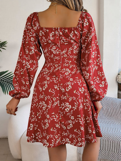 Printed Sweetheart Neck Balloon Sleeve Mini Dress - Manor Rose