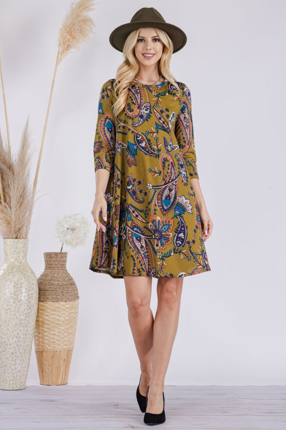 Celeste Full Size Paisley Print Round Neck Dress with Pockets - Manor Rose