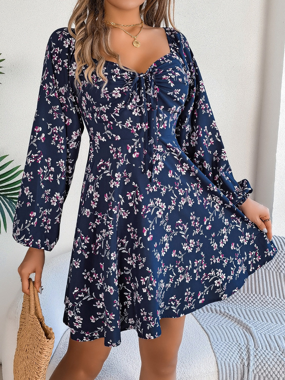 Printed Sweetheart Neck Balloon Sleeve Mini Dress - Manor Rose