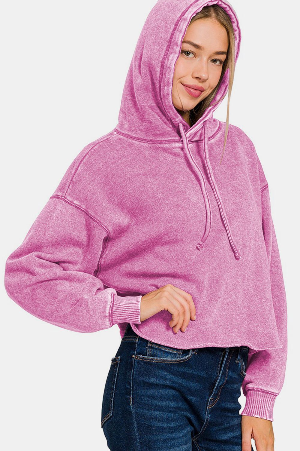 Zenana Acid Wash Fleece Cropped Hoodie - Manor Rose