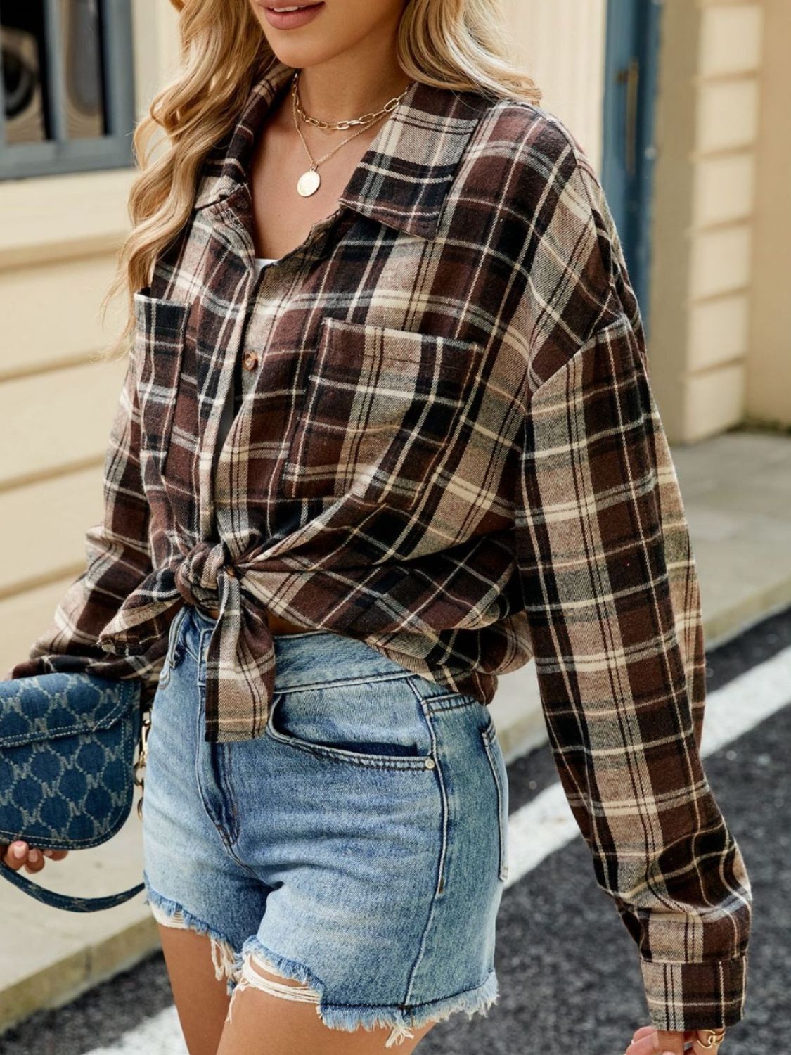 Plaid Collared Neck Long Sleeve Shirt - Manor Rose