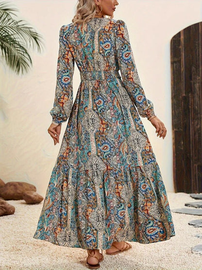 Printed Tie Neck Long Sleeve Maxi Dress - Manor Rose