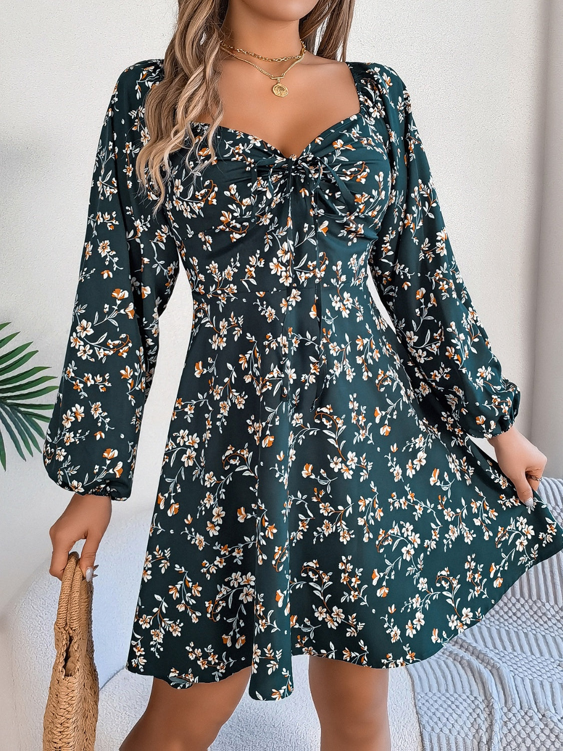 Printed Sweetheart Neck Balloon Sleeve Mini Dress - Manor Rose