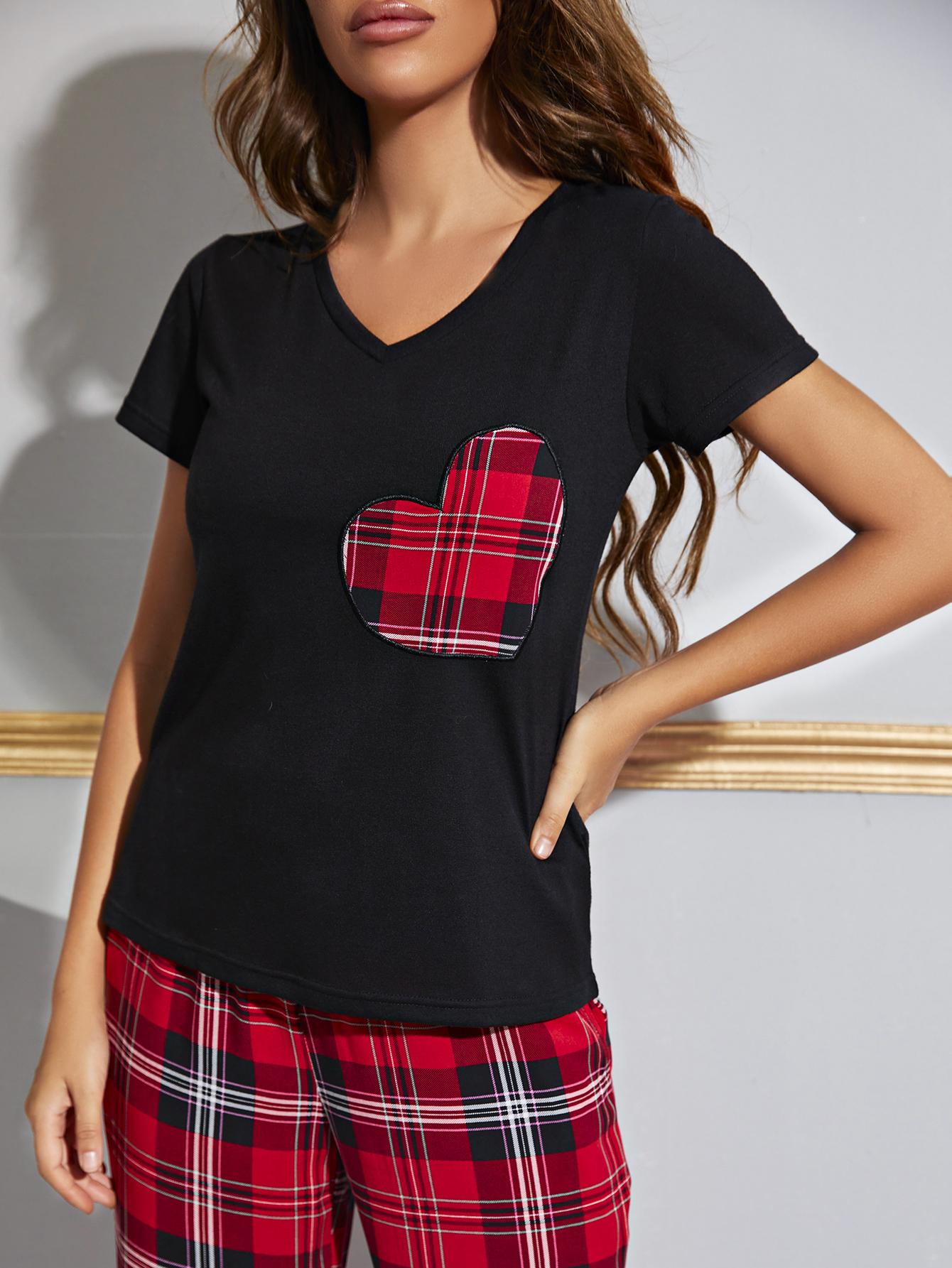 Heart Graphic V-Neck Top and Plaid Pants Lounge Set - Manor Rose