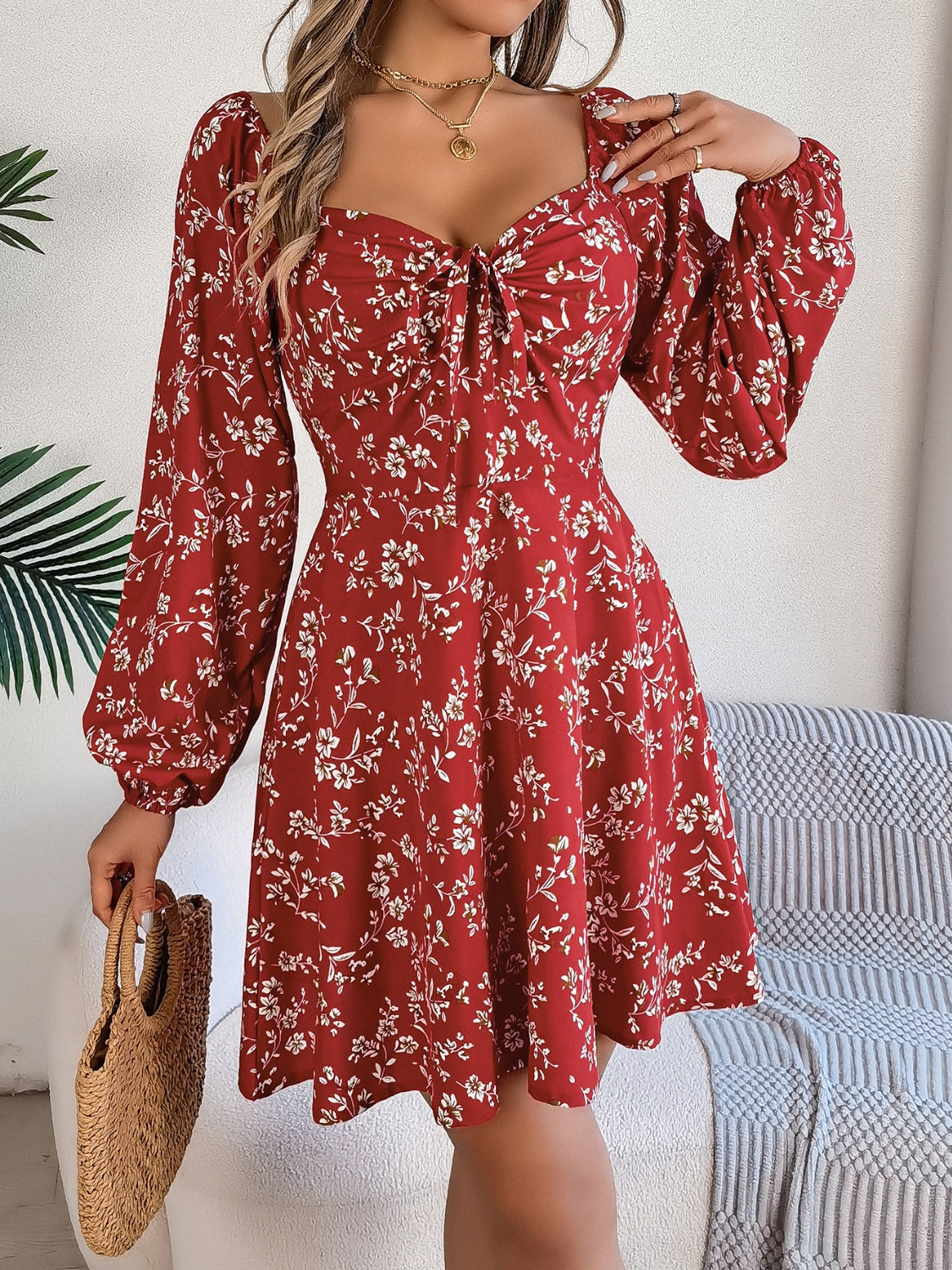 Printed Sweetheart Neck Balloon Sleeve Mini Dress - Manor Rose