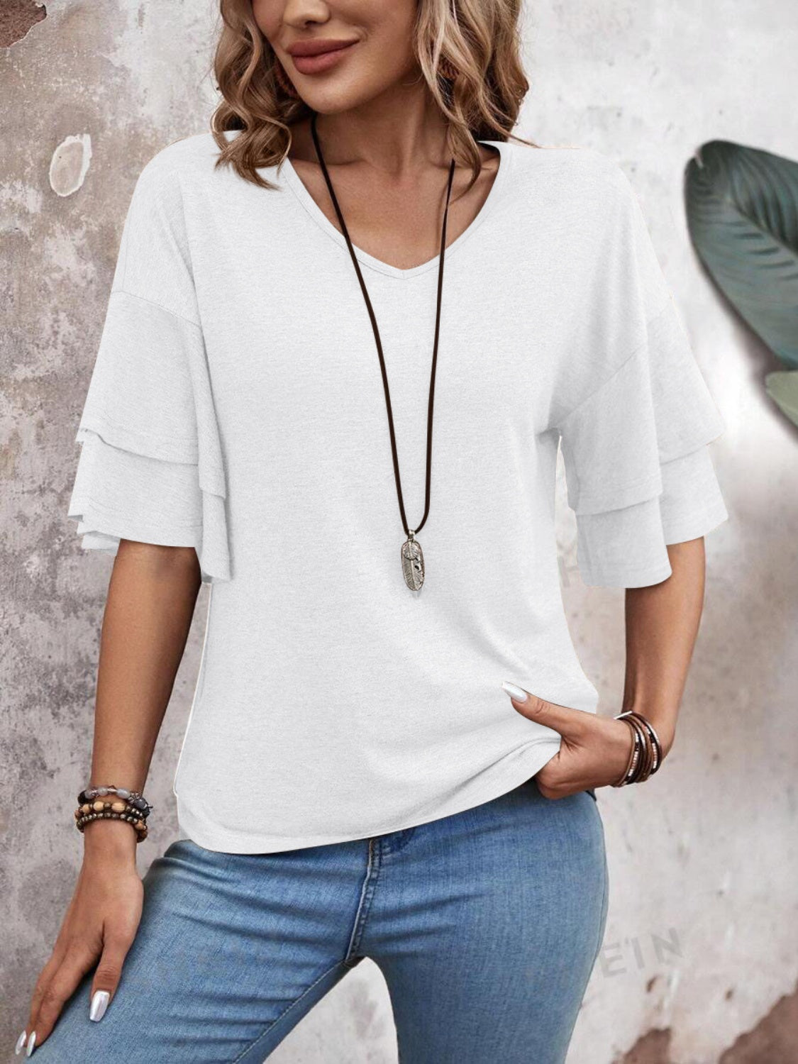 V-Neck Half Sleeve Blouse - Manor Rose