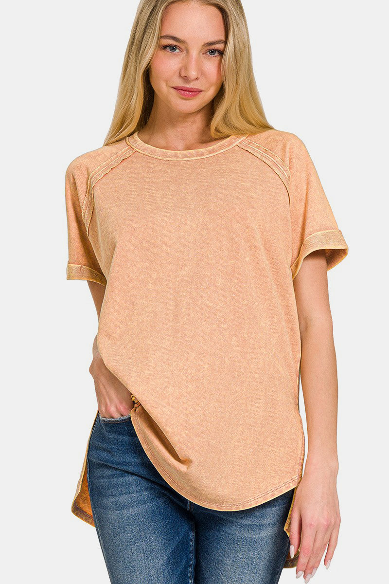 Zenana Heathered Round Neck Short Sleeve Top - Manor Rose