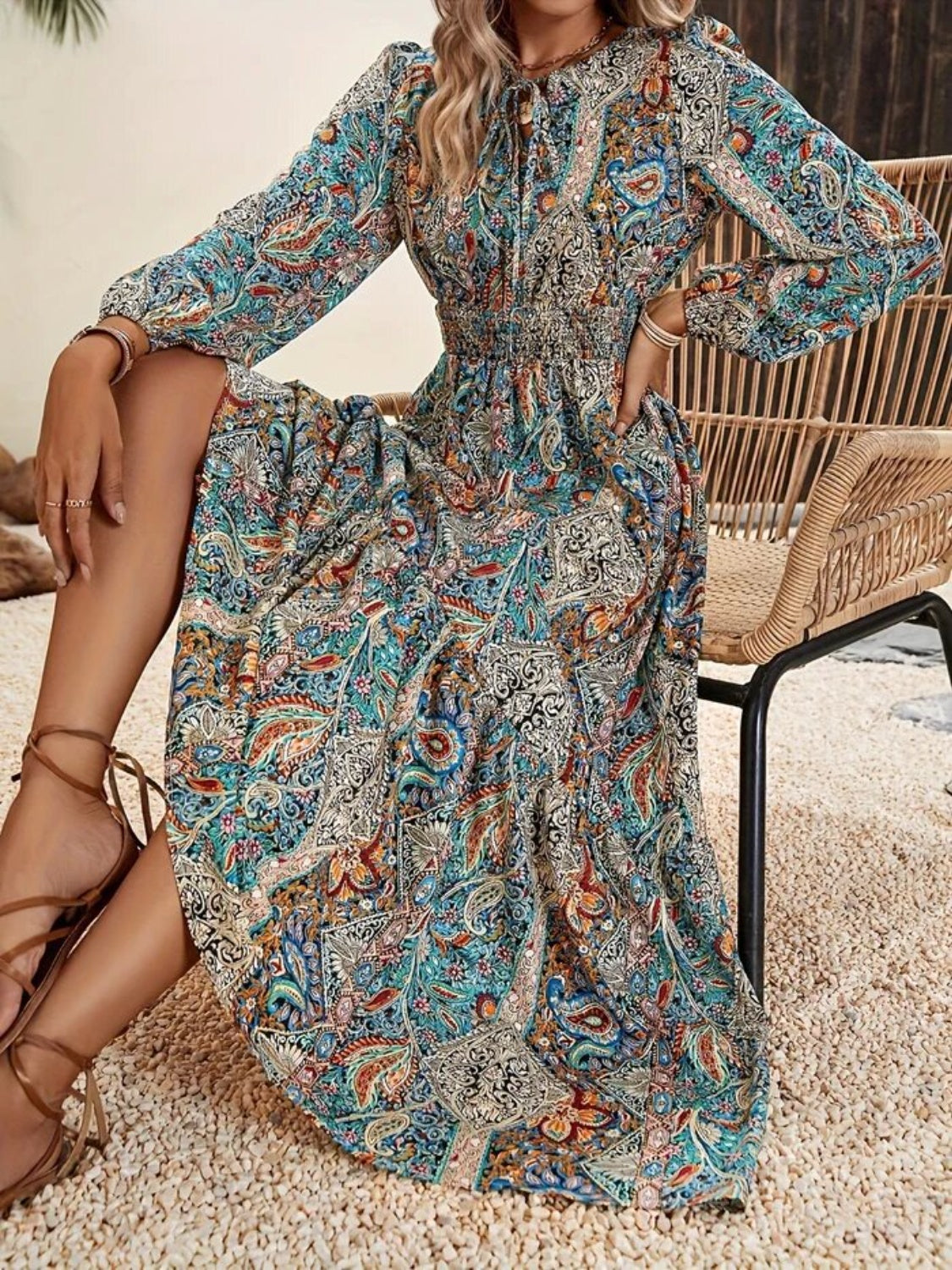 Printed Tie Neck Long Sleeve Maxi Dress - Manor Rose