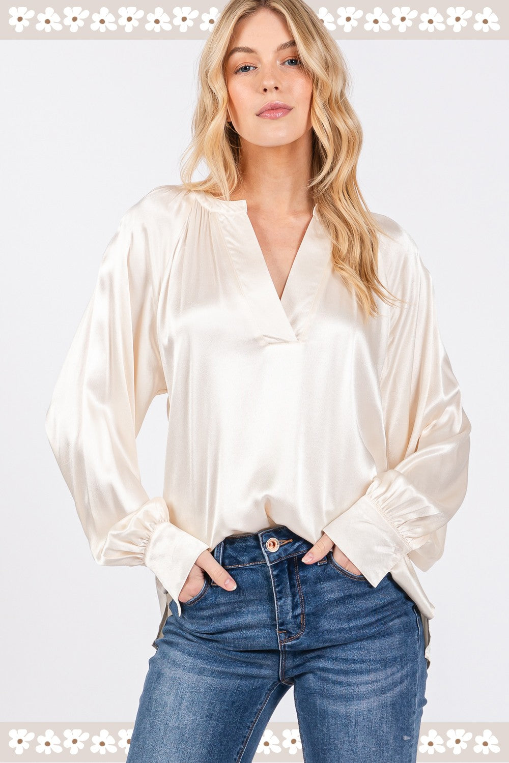 SAGE + FIG Notched Long Sleeve Blouse - Manor Rose