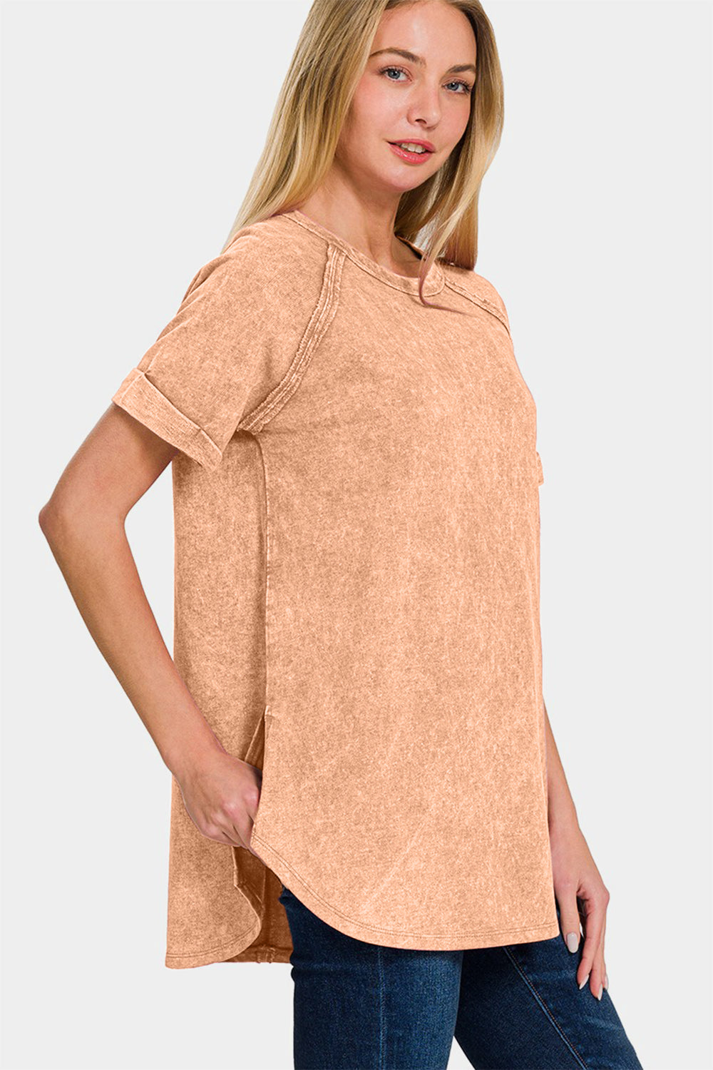 Zenana Heathered Round Neck Short Sleeve Top - Manor Rose