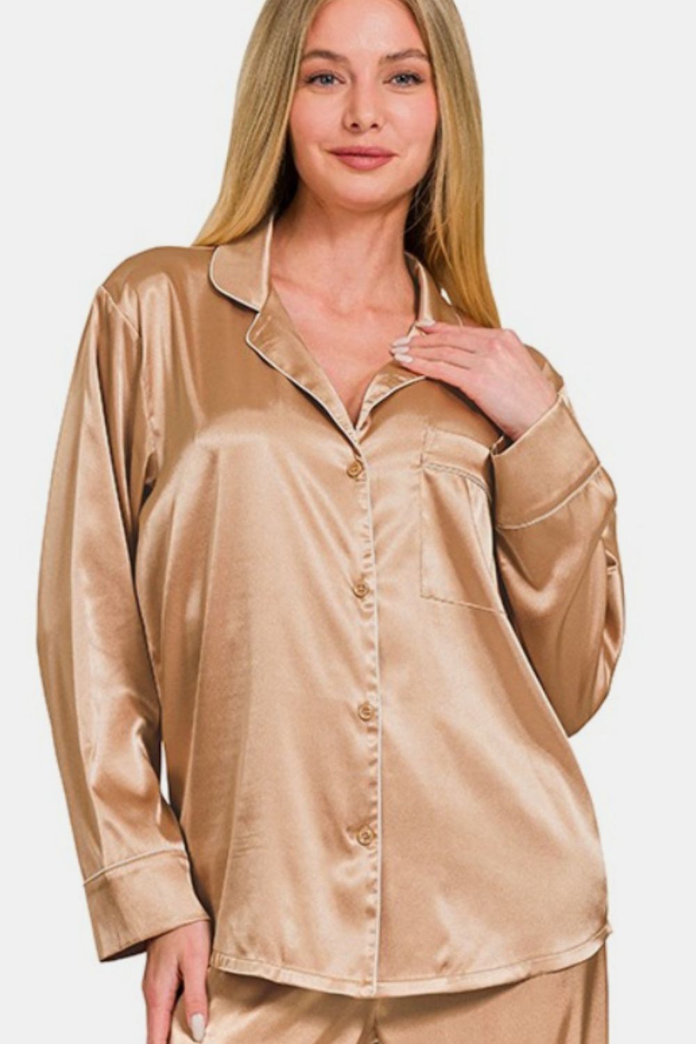 Zenana Satin Long Sleeve Shirt and Pants Pajama Set - Manor Rose