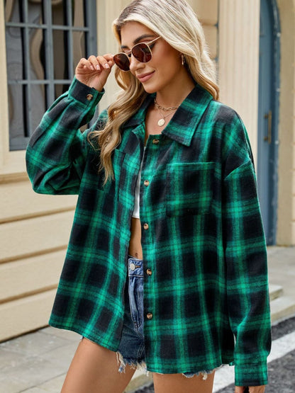 Plaid Collared Neck Long Sleeve Shirt - Manor Rose