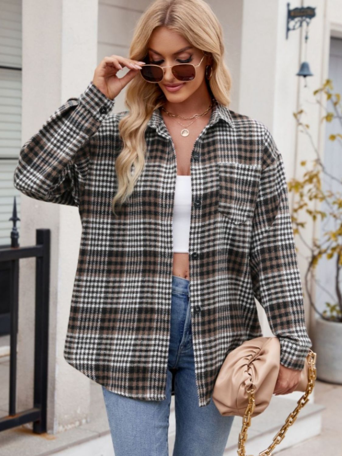 Mandy Pocketed Plaid Collared Neck Long Sleeve Shirt - Manor Rose