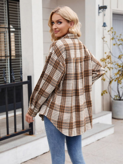 Mandy Pocketed Plaid Collared Neck Long Sleeve Shirt - Manor Rose