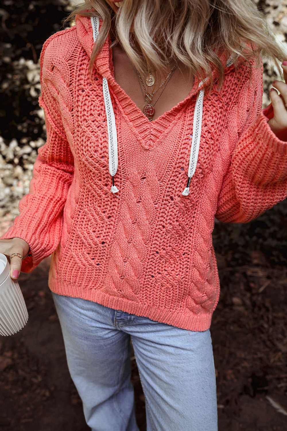 Drawstring Cable-Knit Hooded Sweater - Manor Rose