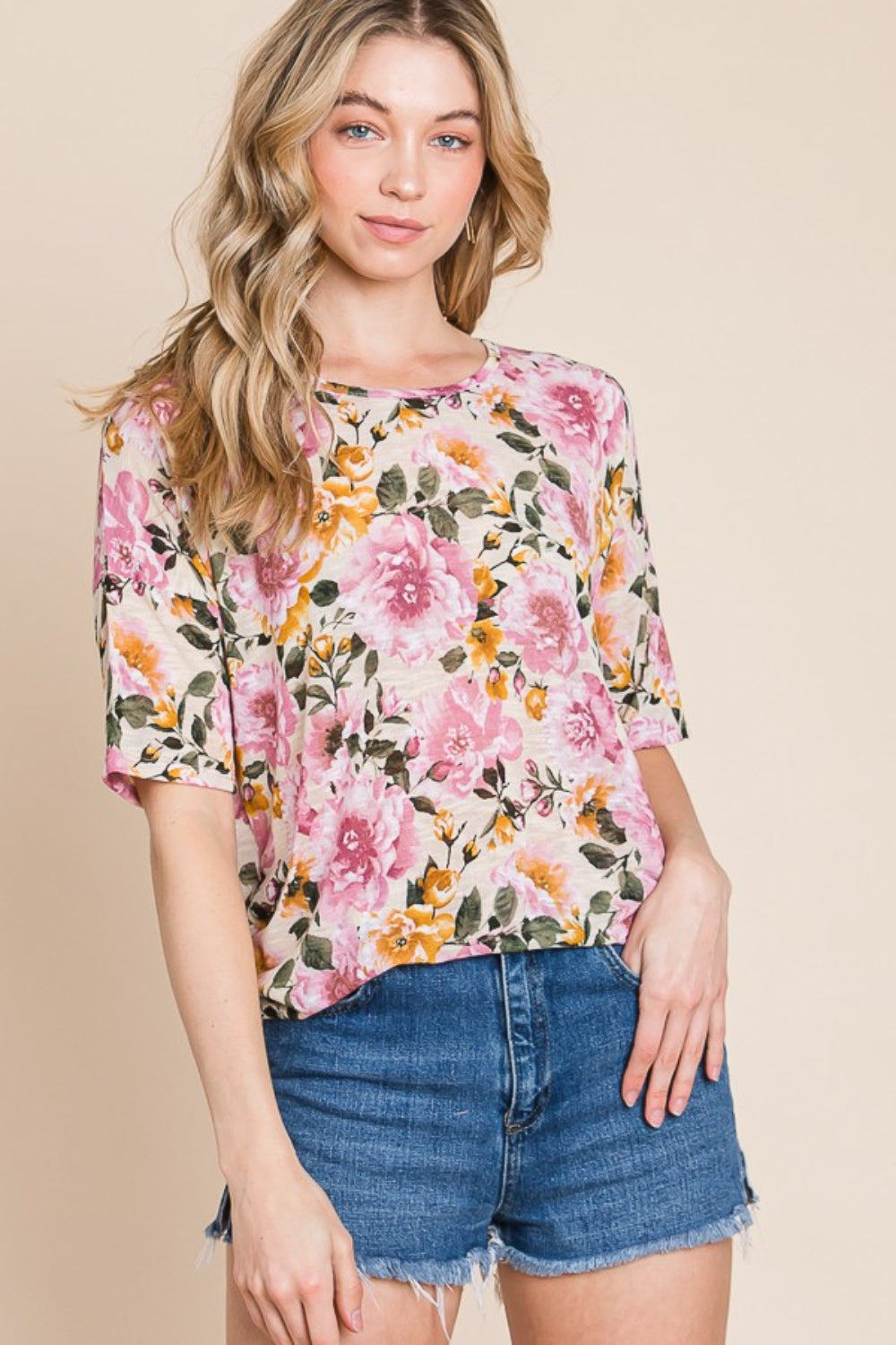 BOMBOM Floral Round Neck T-Shirt - Manor Rose