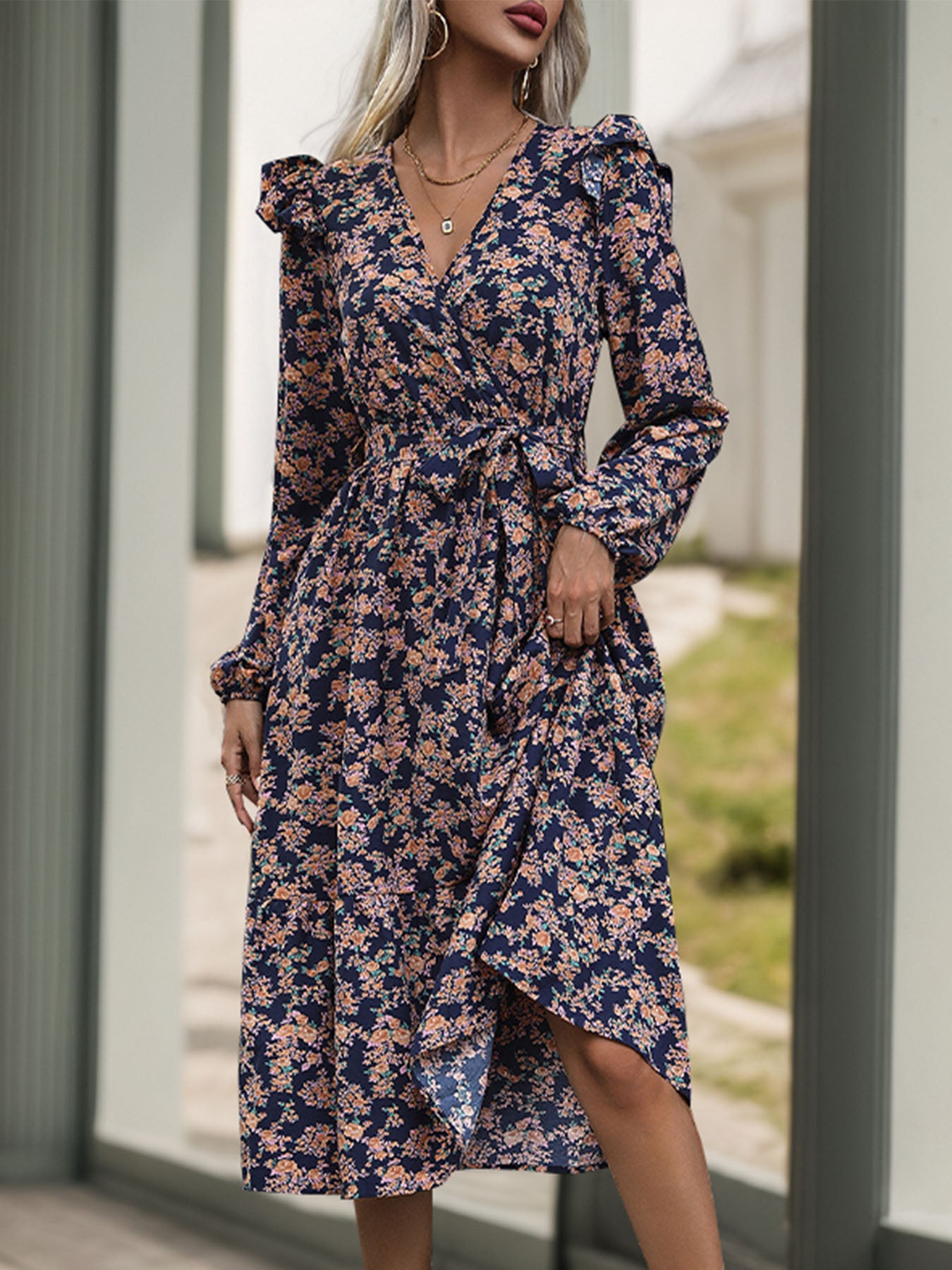 Perfee Printed Surplice Long Sleeve Midi Dress - Manor Rose