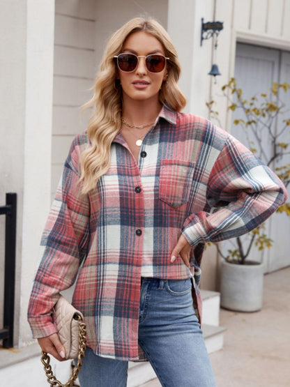 Mandy Pocketed Plaid Collared Neck Long Sleeve Shirt - Manor Rose