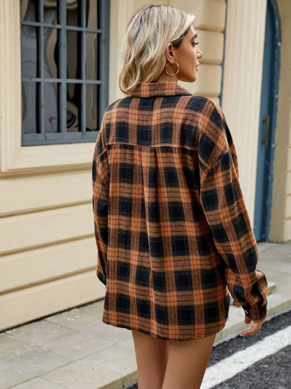 Plaid Collared Neck Long Sleeve Shirt - Manor Rose