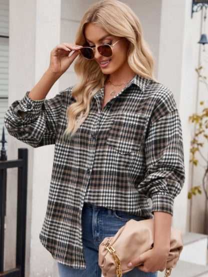 Mandy Pocketed Plaid Collared Neck Long Sleeve Shirt - Manor Rose