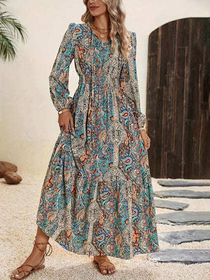 Printed Tie Neck Long Sleeve Maxi Dress - Manor Rose