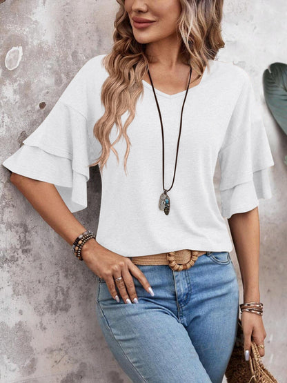 V-Neck Half Sleeve Blouse - Manor Rose