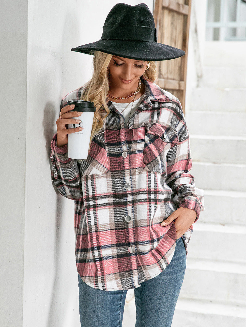 Ivy Lane Meet You Outside Plaid Button Down Curved Hem Shacket - Manor Rose