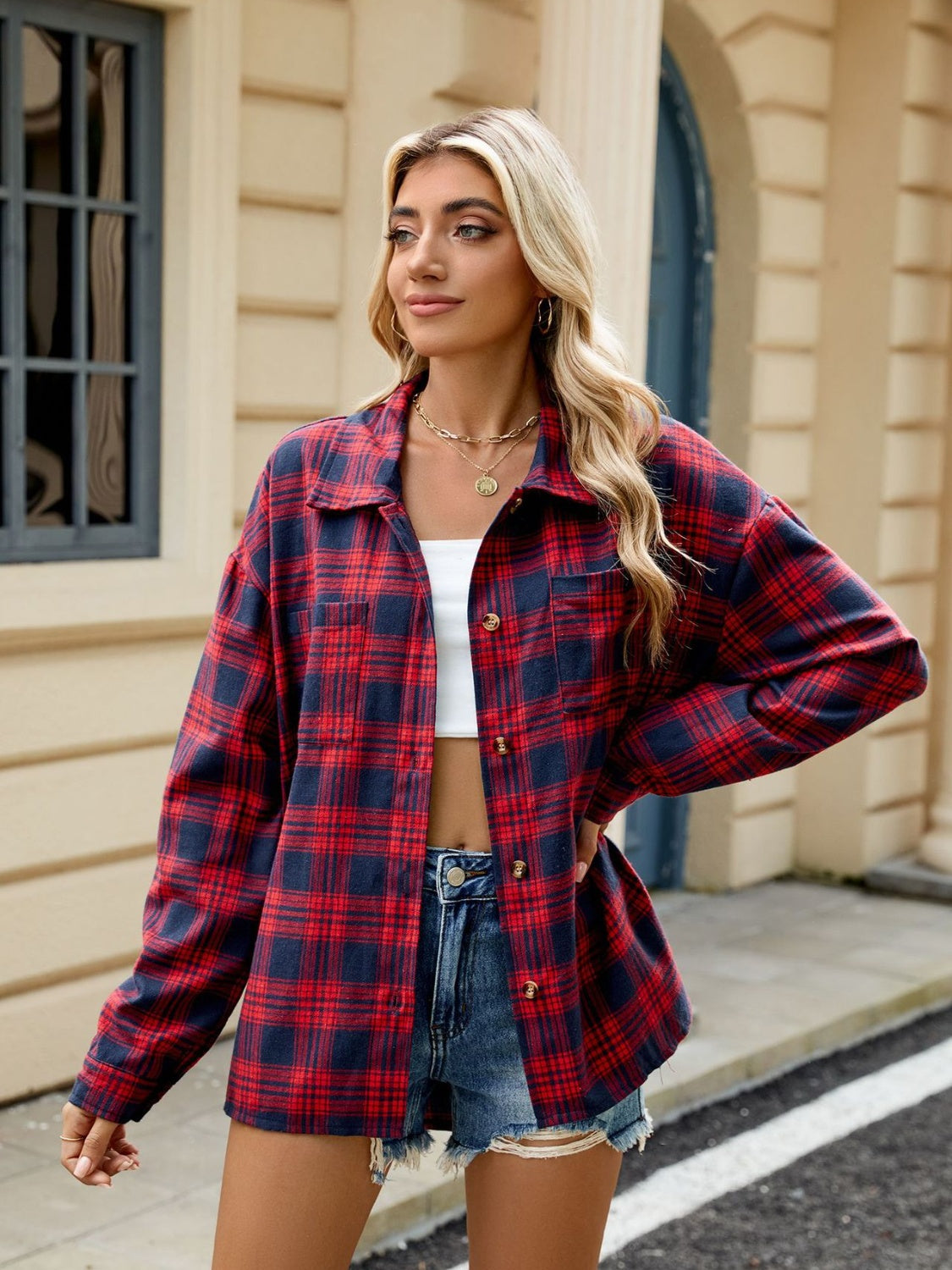 Plaid Collared Neck Long Sleeve Shirt - Manor Rose