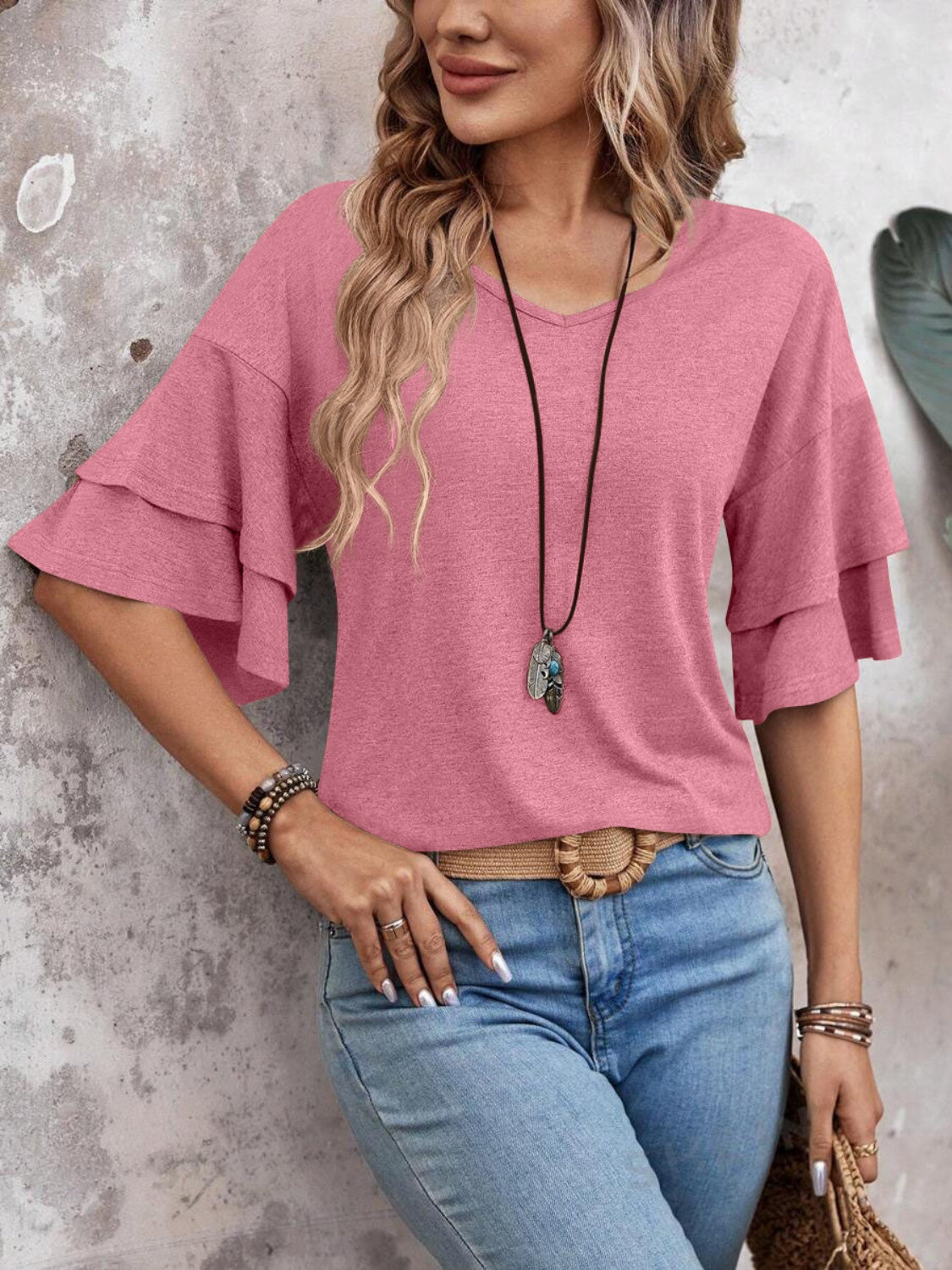 V-Neck Half Sleeve Blouse - Manor Rose