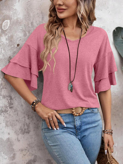 V-Neck Half Sleeve Blouse - Manor Rose