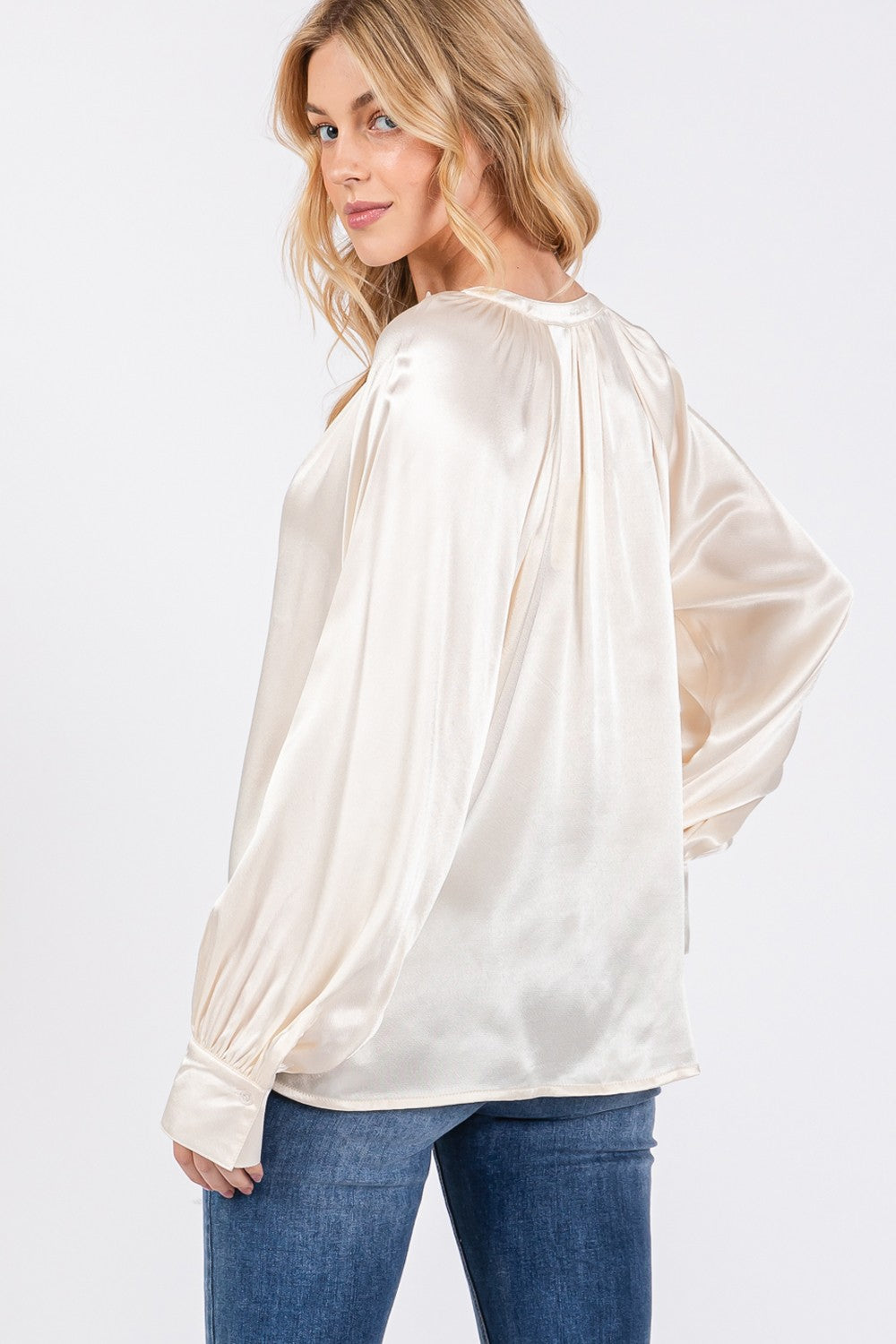 SAGE + FIG Notched Long Sleeve Blouse - Manor Rose