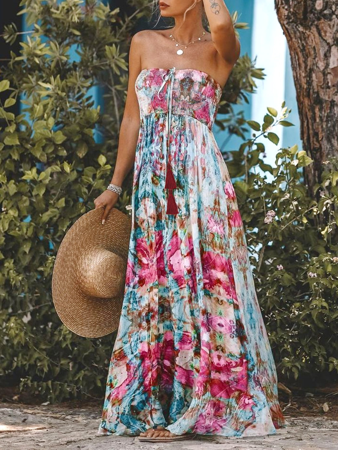 Smocked Printed Sleeveless Maxi Dress - Manor Rose