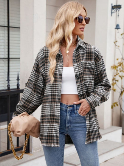 Mandy Pocketed Plaid Collared Neck Long Sleeve Shirt - Manor Rose