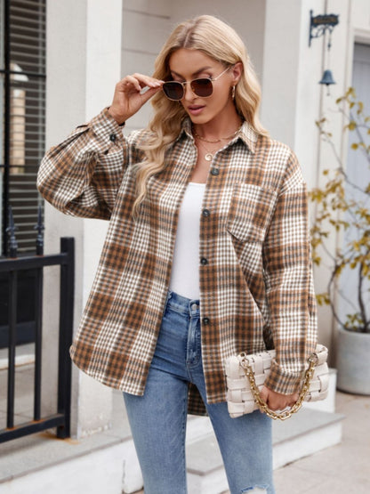 Mandy Pocketed Plaid Collared Neck Long Sleeve Shirt - Manor Rose