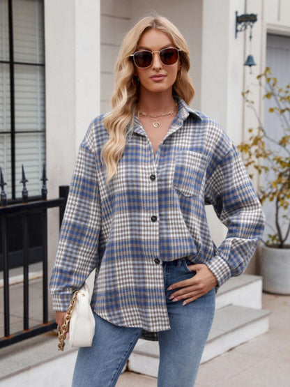 Mandy Pocketed Plaid Collared Neck Long Sleeve Shirt - Manor Rose