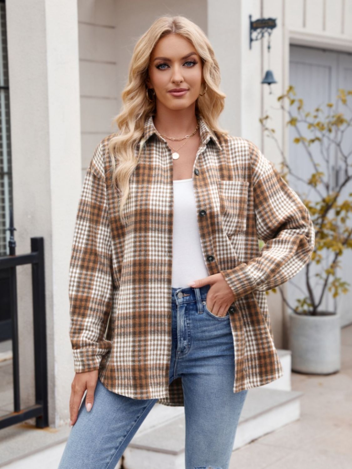 Mandy Pocketed Plaid Collared Neck Long Sleeve Shirt - Manor Rose