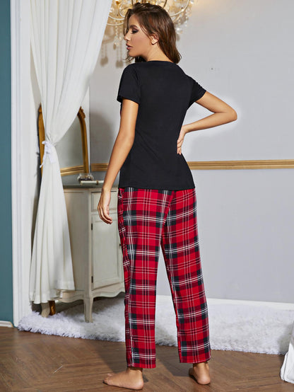 Heart Graphic V-Neck Top and Plaid Pants Lounge Set - Manor Rose